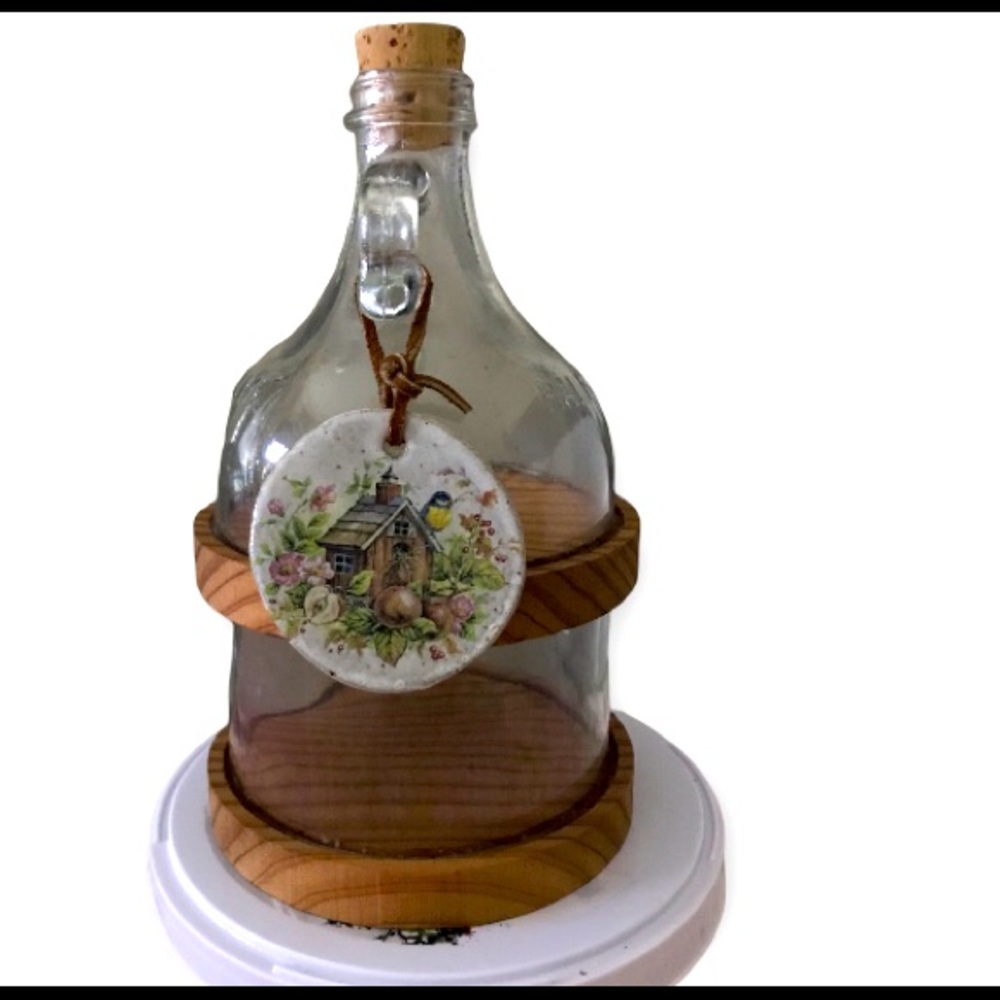 1960s Vintage Tiered Jug Handcrafted Glass w/Wood Base, 2 Tiers & Cork / 10 in